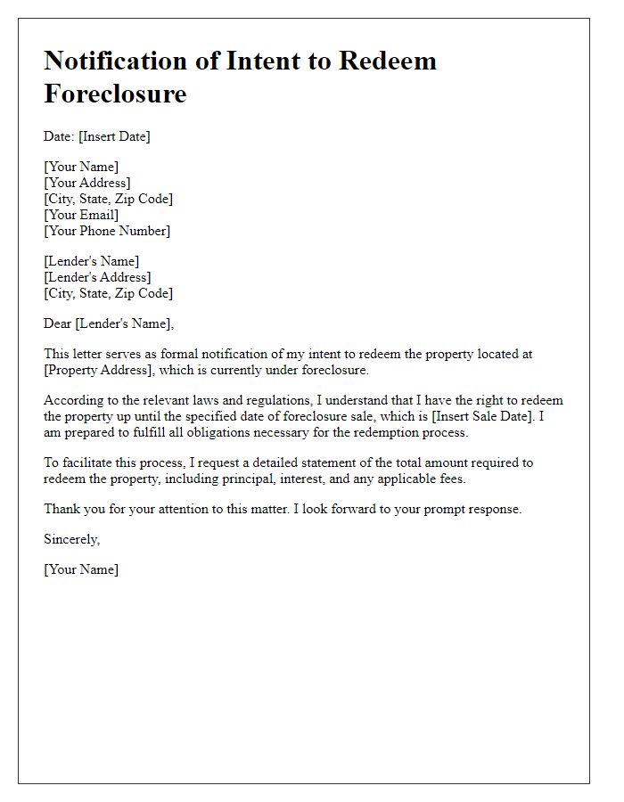 Letter template of notification of intent to redeem foreclosure