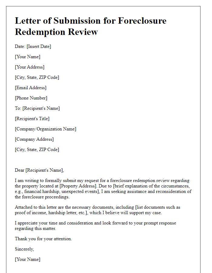 Letter template of submission for foreclosure redemption review