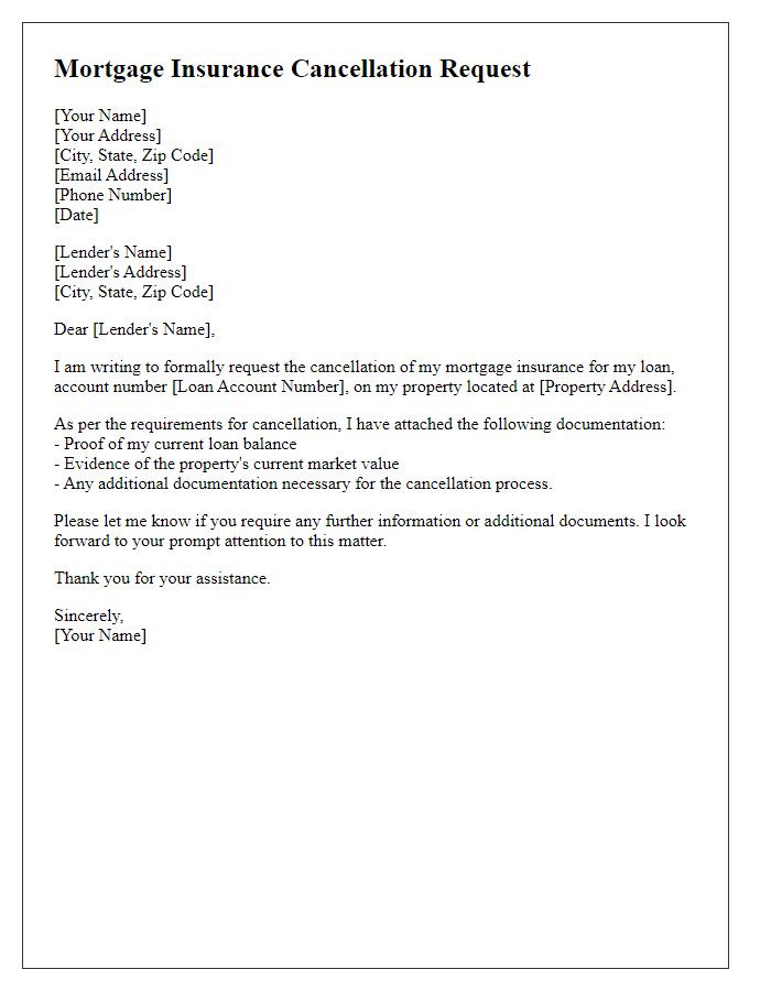 Letter template of documentation submission for mortgage insurance cancellation.