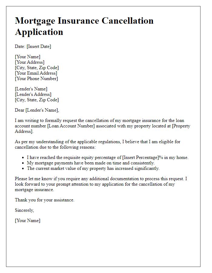 Letter template of formal mortgage insurance cancellation application.