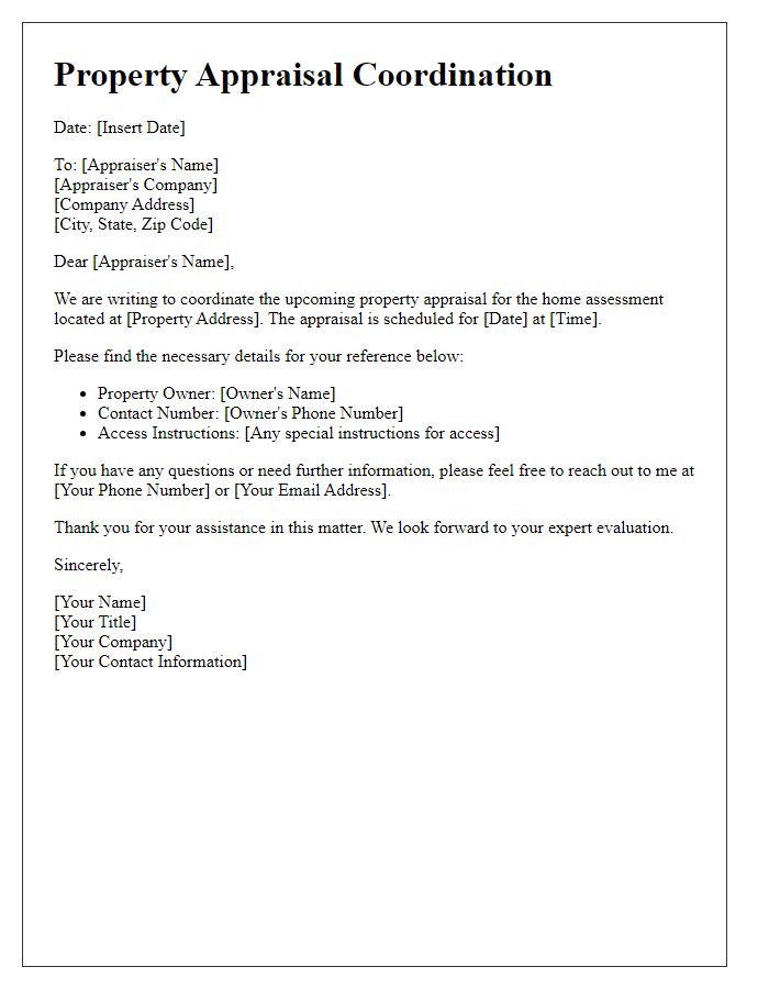 Letter template of property appraisal coordination for home assessment