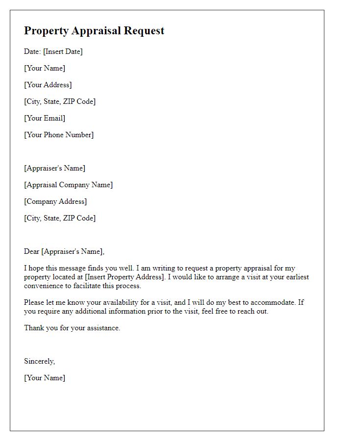 Letter template of property appraisal request to arrange a visit