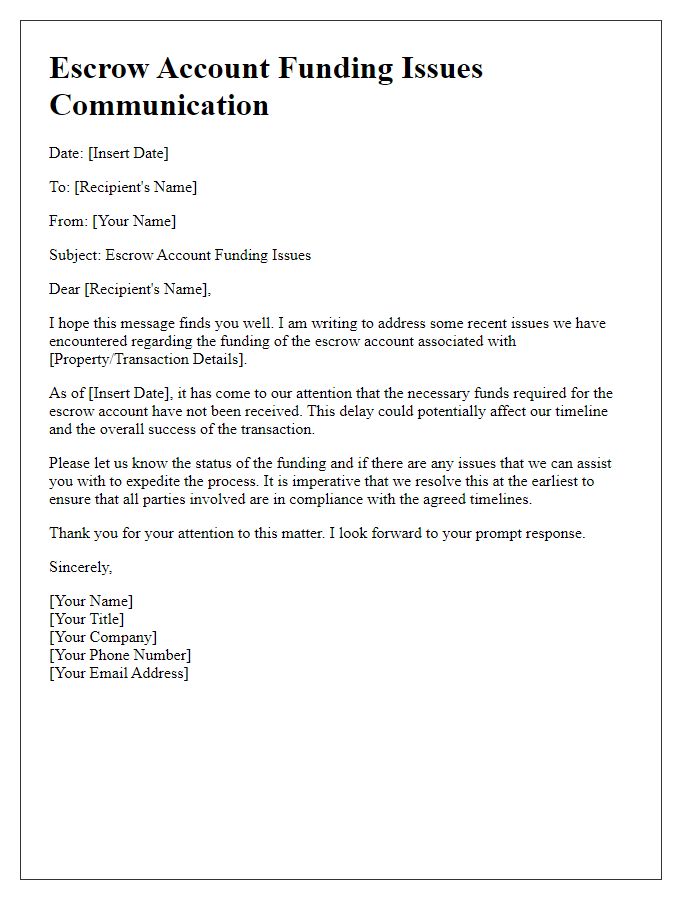 Letter template of Escrow Account Funding Issues Communication