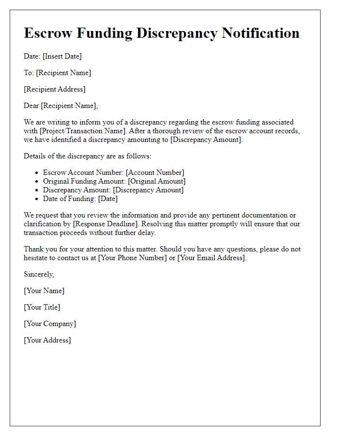 Letter template of Escrow Funding Discrepancy Notification