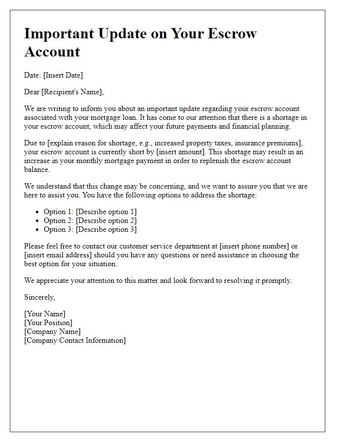 Letter template of Important Update on Escrow Account Shortage