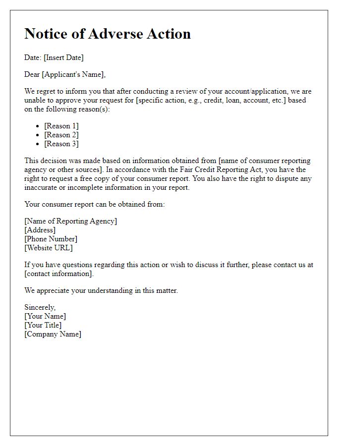 Letter template of adverse action communication for account review outcome