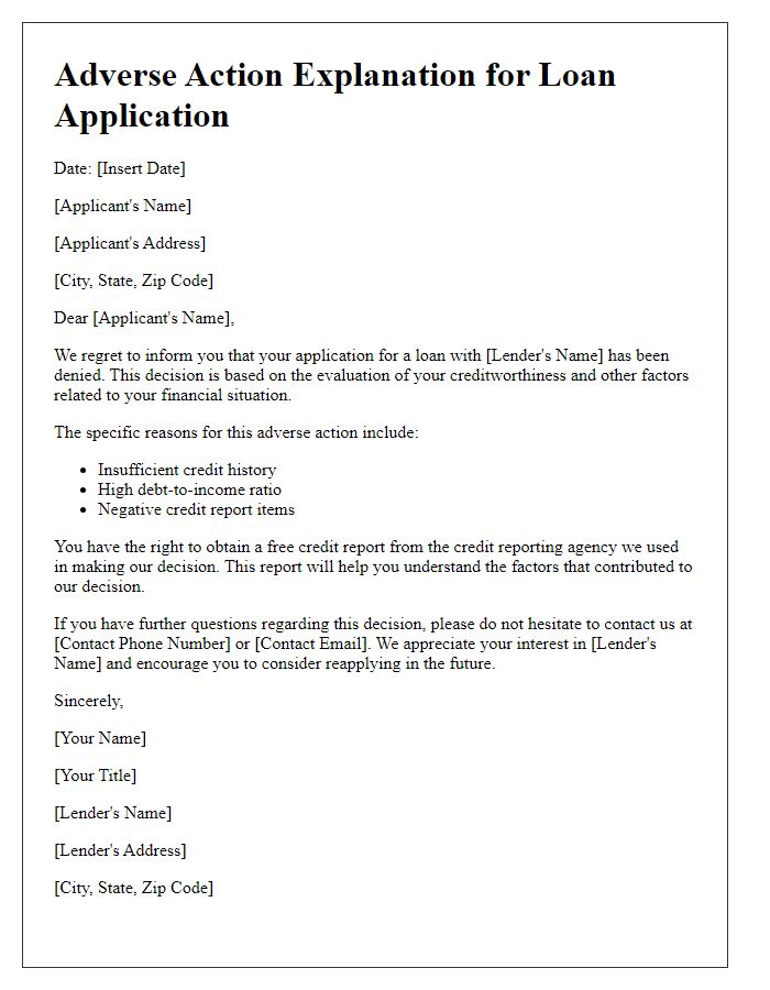 Letter template of adverse action explanation for loan application rejection