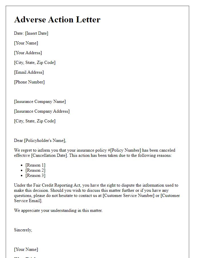 Letter template of adverse action for insurance policy cancellation