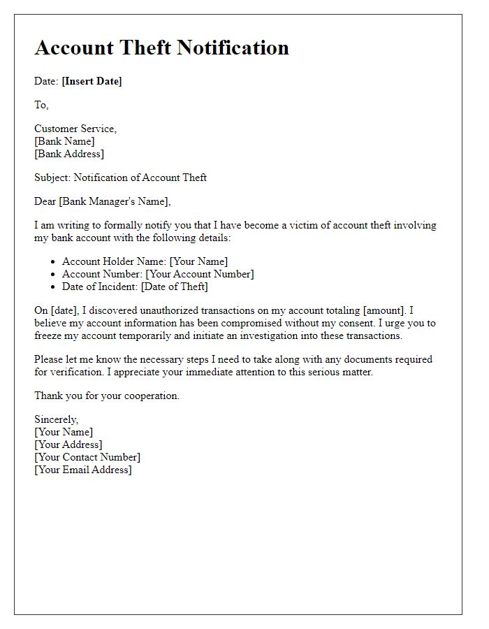 Letter template of account theft notification for banks.