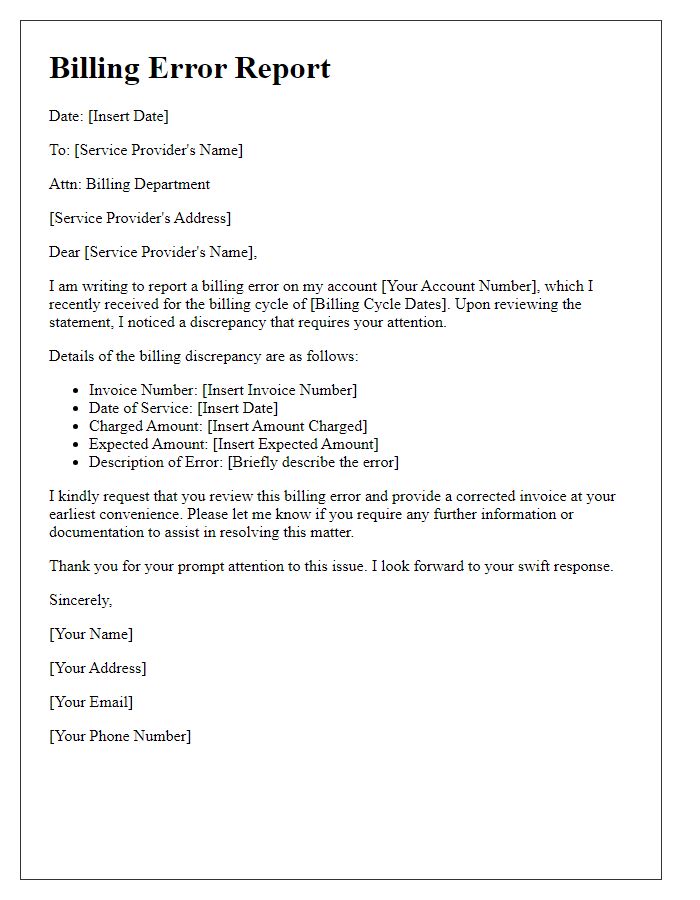 Letter template of billing error report for service providers.