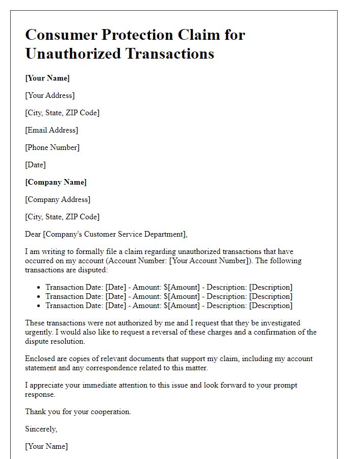 Letter template of consumer protection claim for unauthorized transactions.