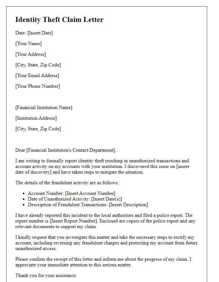 Letter template of identity theft claim for financial institutions.