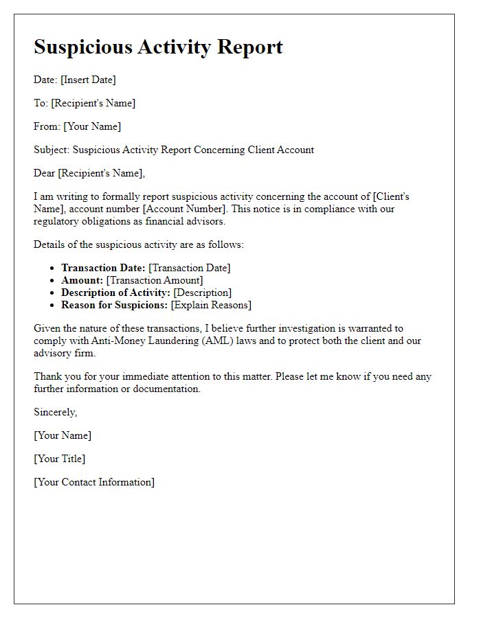 Letter template of suspicious activity report for financial advisors.