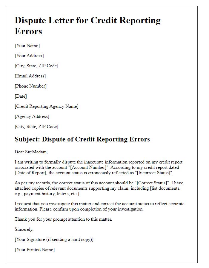 Letter template of credit reporting dispute for account status errors