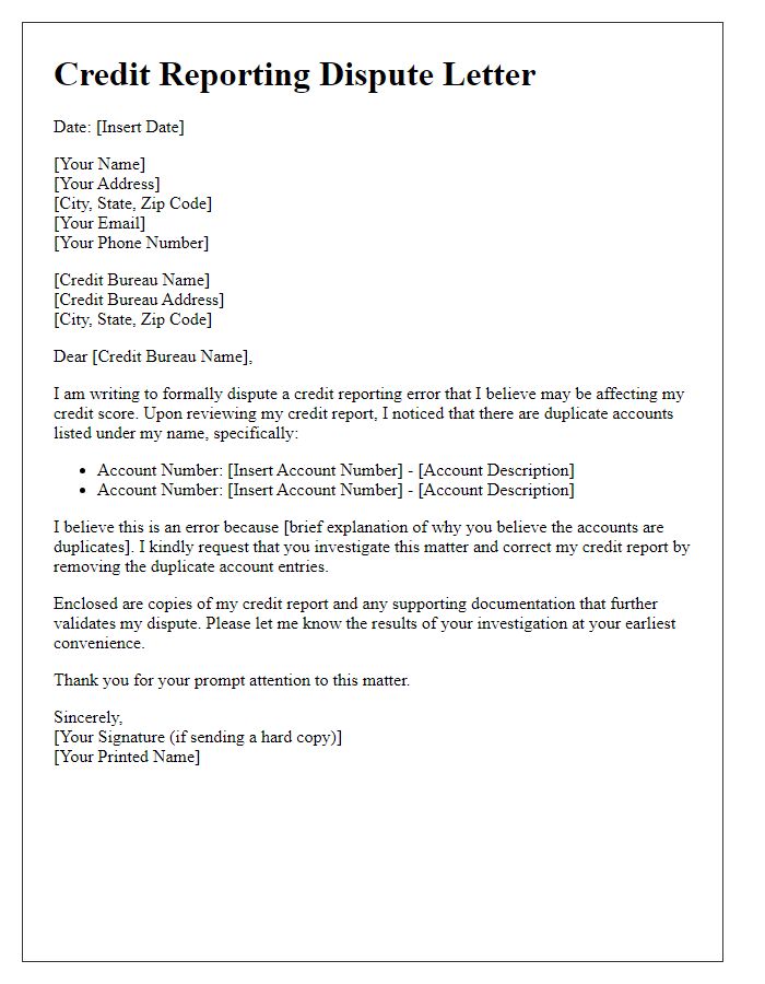 Letter template of credit reporting dispute for duplicate accounts