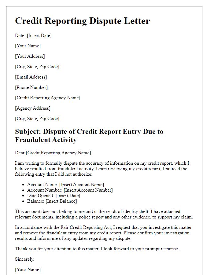 Letter template of credit reporting dispute for fraudulent activity