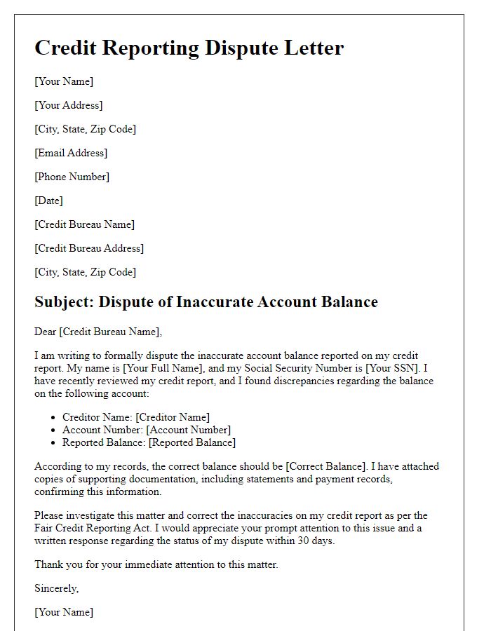 Letter template of credit reporting dispute for incorrect account balances