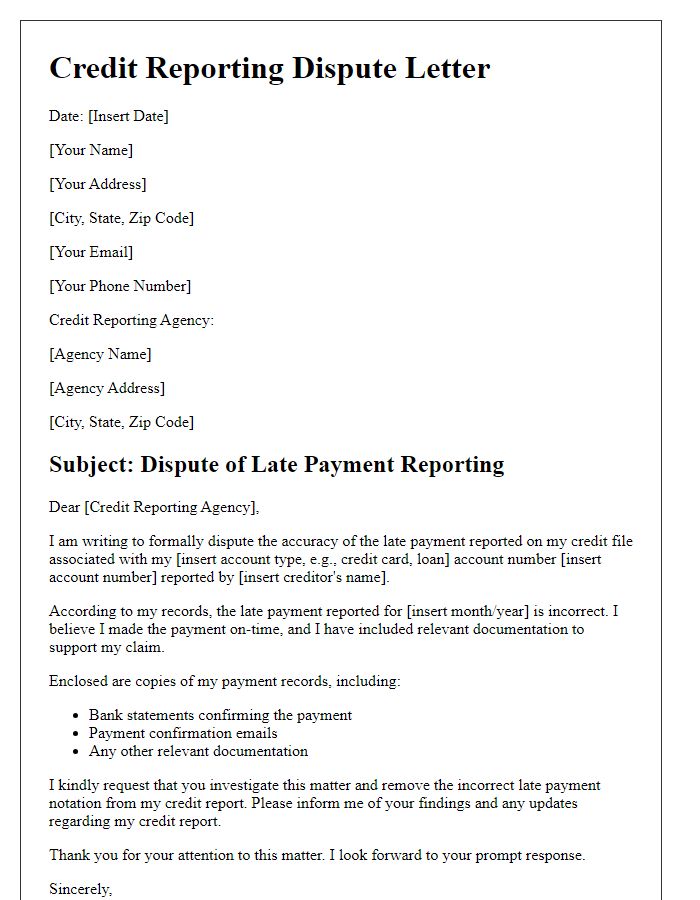 Letter template of credit reporting dispute for late payment discrepancies