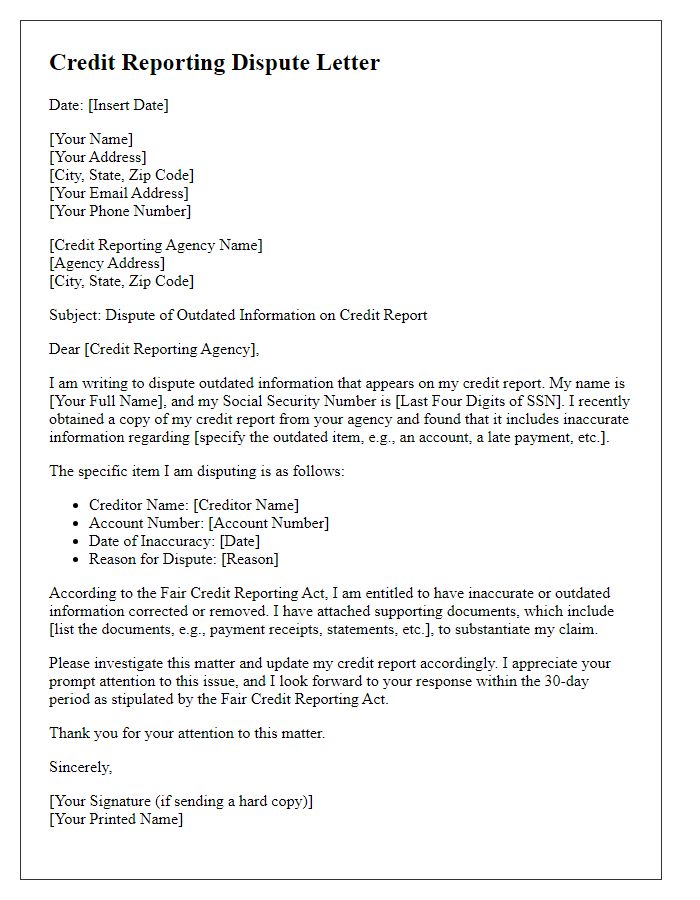 Letter template of credit reporting dispute for outdated information