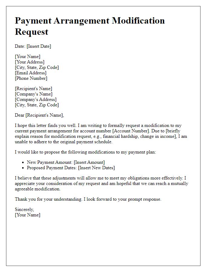 Letter template of payment arrangement modification