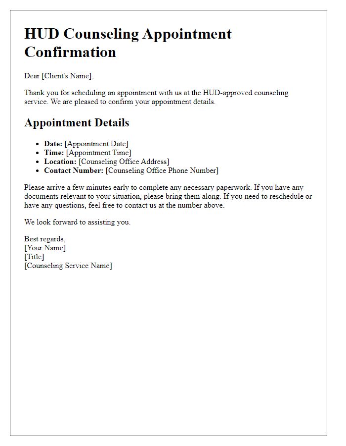 Letter template of HUD Counseling Appointment Confirmation