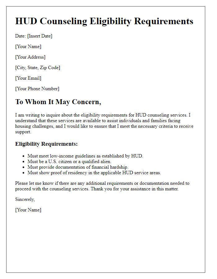 Letter template of HUD Counseling Eligibility Requirements