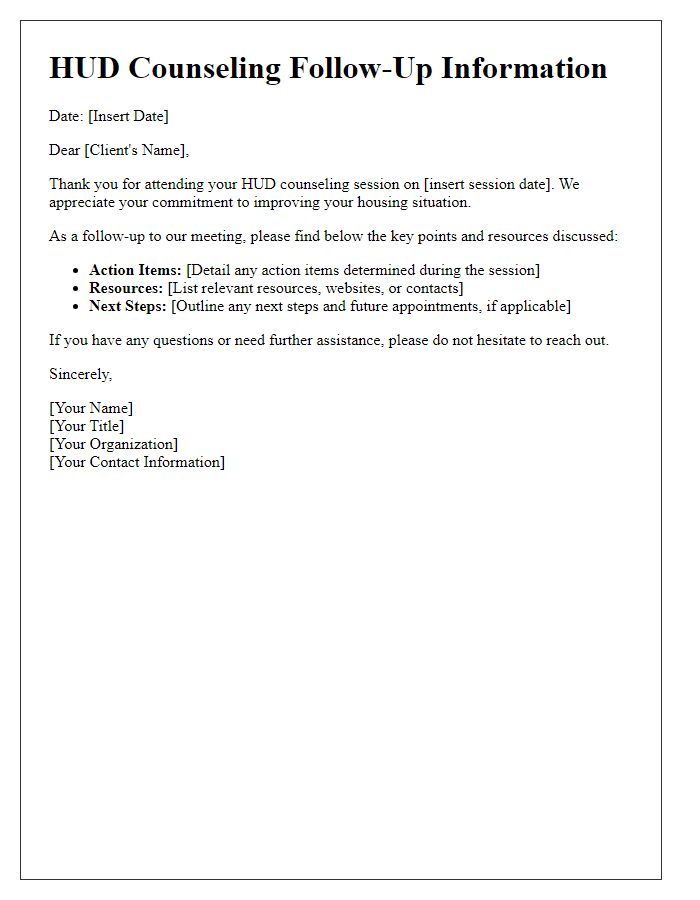 Letter template of HUD Counseling Follow-Up Information