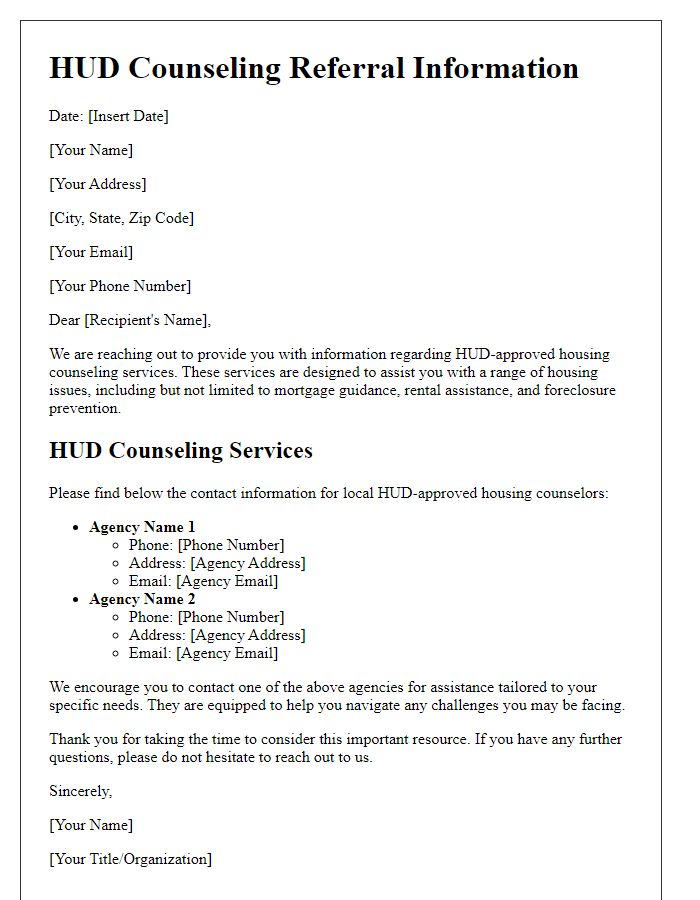 Letter template of HUD Counseling Referral Information