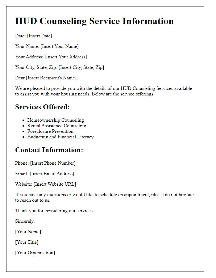 Letter template of HUD Counseling Service Details