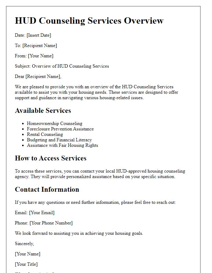 Letter template of HUD Counseling Services Overview