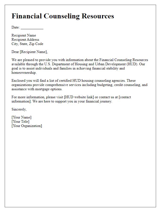 Letter template of HUD Financial Counseling Resources