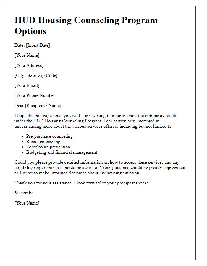 Letter template of HUD Housing Counseling Program Options