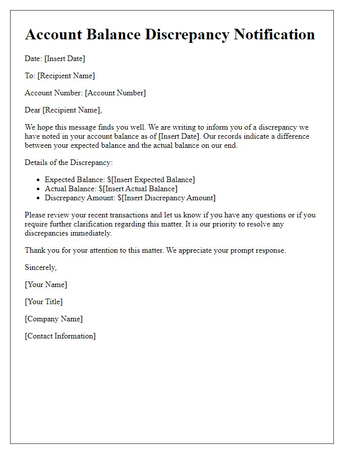 Letter template of account balance discrepancy notification