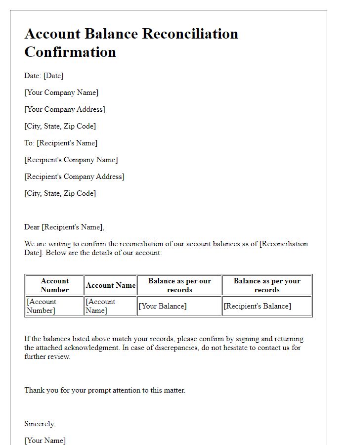 Letter template of account balance reconciliation confirmation