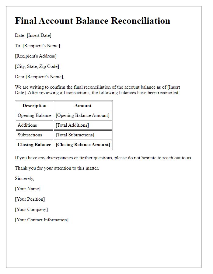 Letter template of final account balance reconciliation