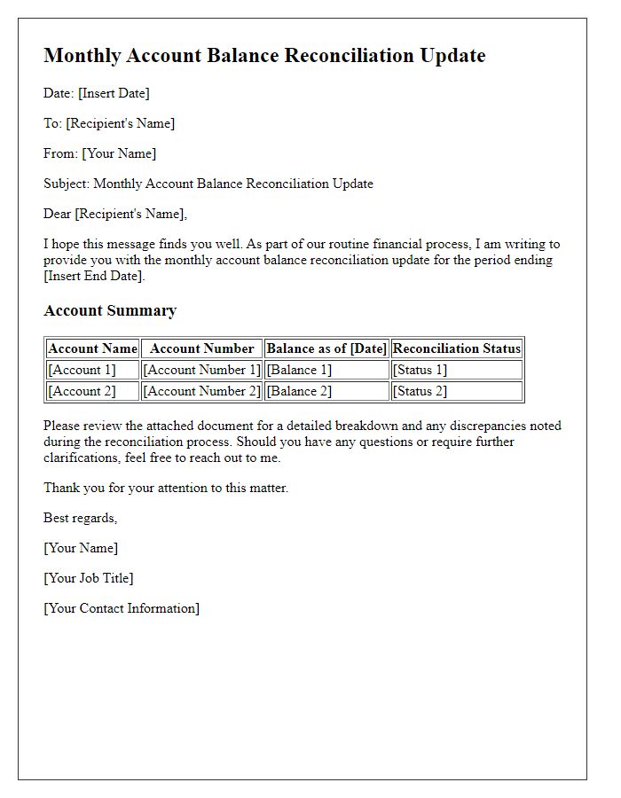 Letter template of monthly account balance reconciliation update