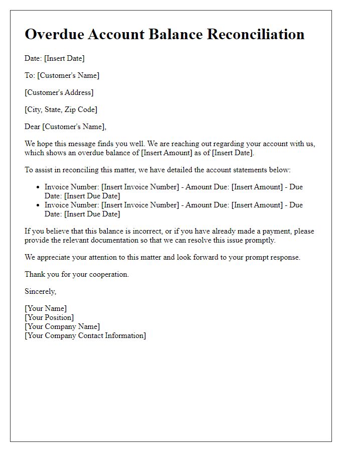Letter template of overdue account balance reconciliation