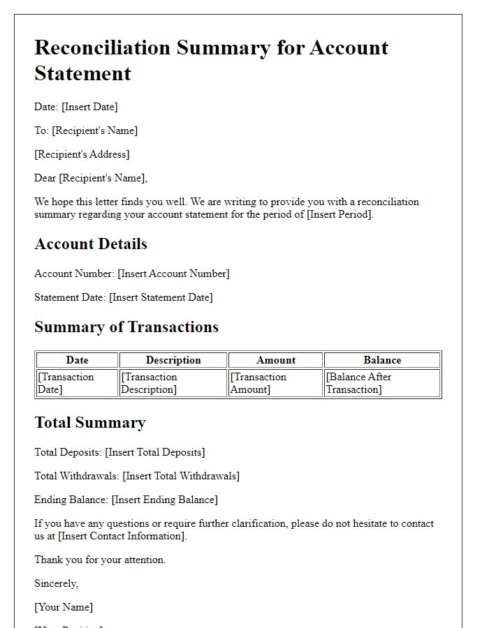 Letter template of reconciliation summary for account statement