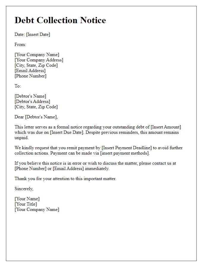 Letter template of debt collection notice