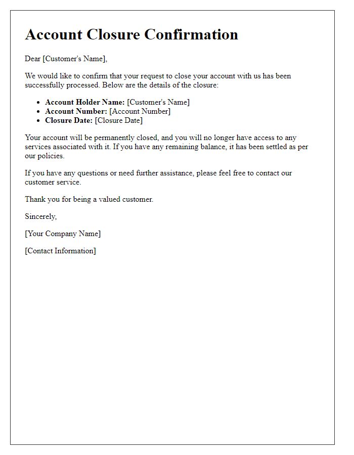 Letter template of account closure confirmation