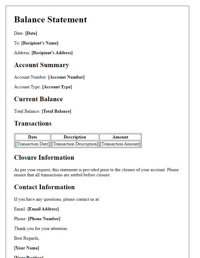 Letter template of balance statement prior to closure