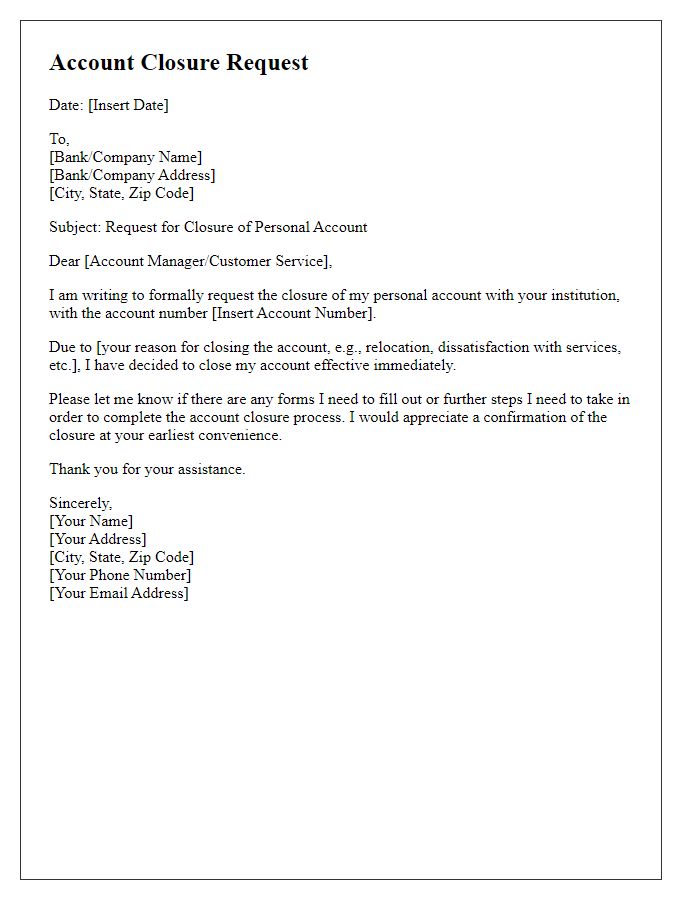 Letter template of closure request for personal account