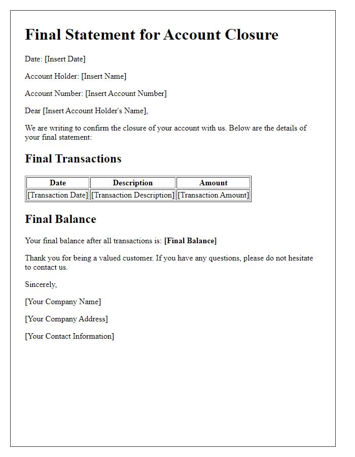 Letter template of final statement for account closure