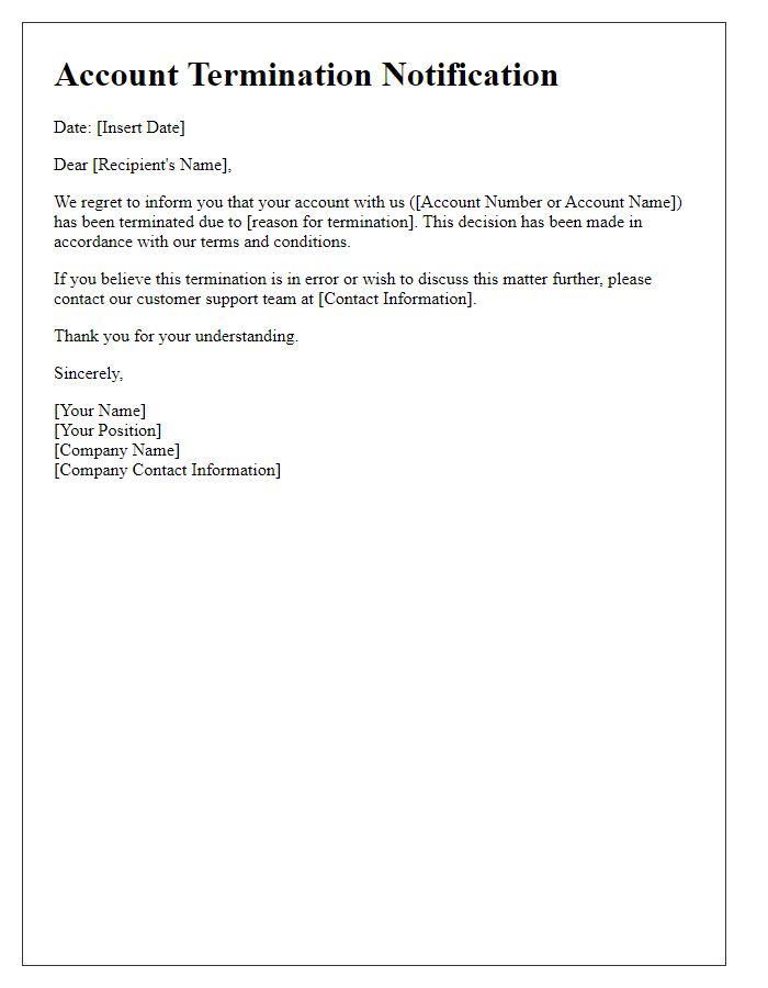 Letter template of notification for account termination