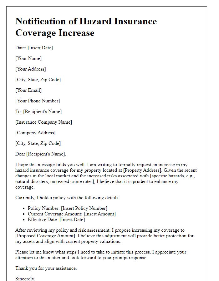 Letter template of hazard insurance coverage increase