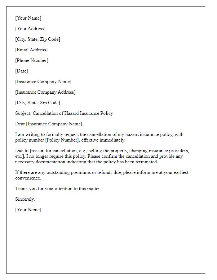 Letter template of hazard insurance policy cancellation