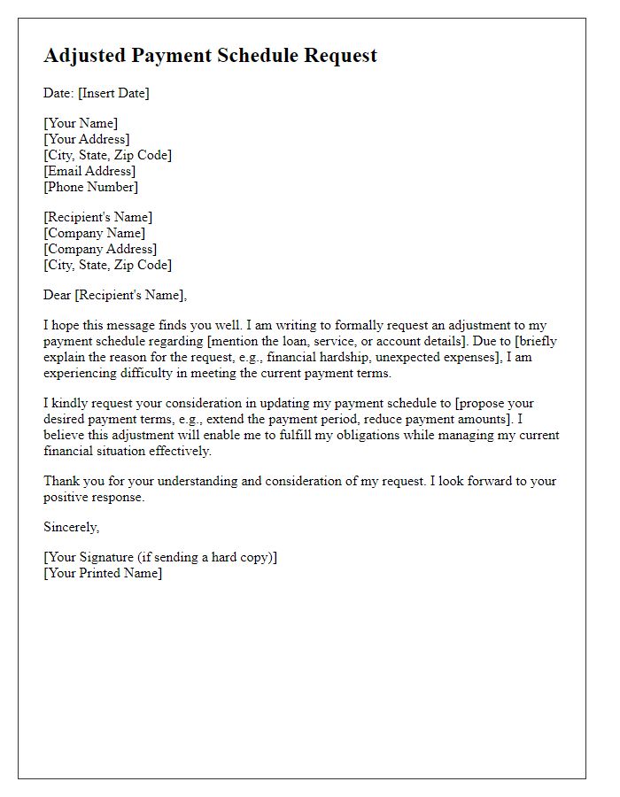 Letter template of Adjusted Payment Schedule Request