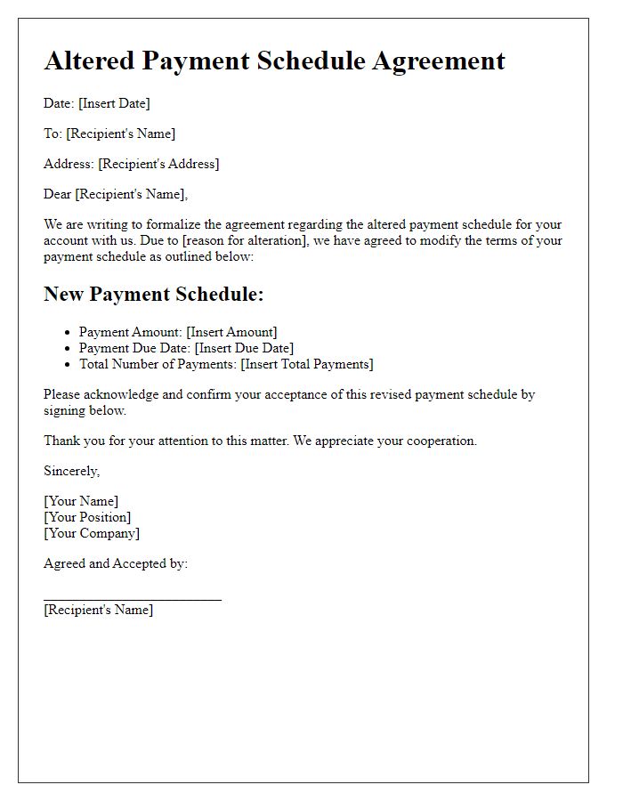 Letter template of Altered Payment Schedule Agreement