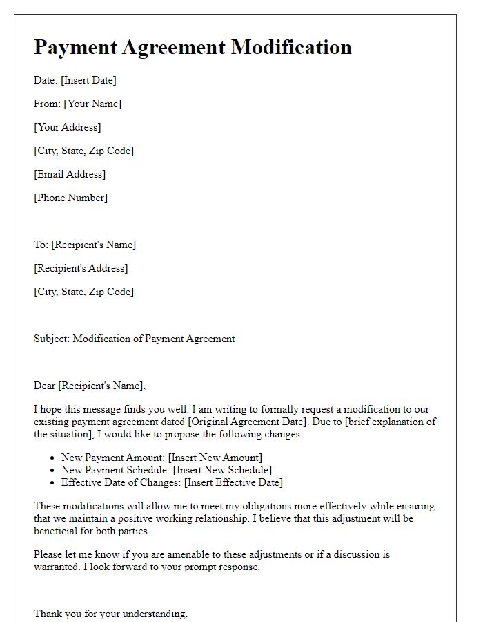 Letter template of Payment Agreement Modification