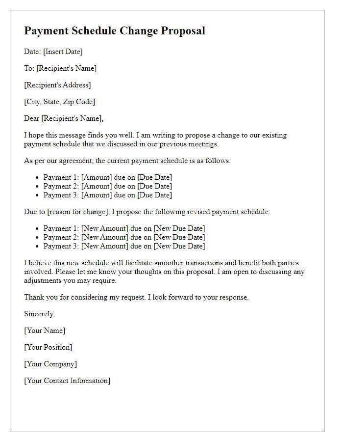 Letter template of Payment Schedule Change Proposal